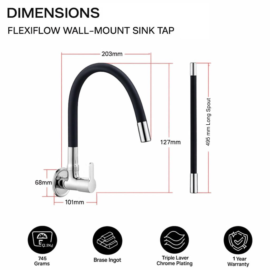 Flexible wall mount sink cock in black finish for kitchen and bathroom